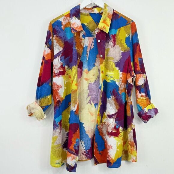 Soft Surroundings Painters Palette Colorful Abstract 100% Long Sleeve Button Up - Picture 3 of 16